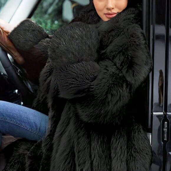 Black elegant luxe Women's plush Faux Fur long Jacket Coat - Picture 7 of 7